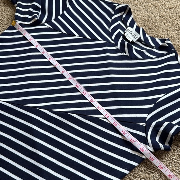 Monse Navy Blue White Striped Asymmetrical Short Sleeve T Shirt Top - Picture 3 of 7